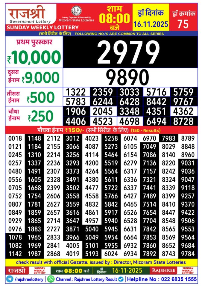 Rajshree Lottery 8 PM Result Today | 16.11.25 Lottery Result Today November 16, 2025