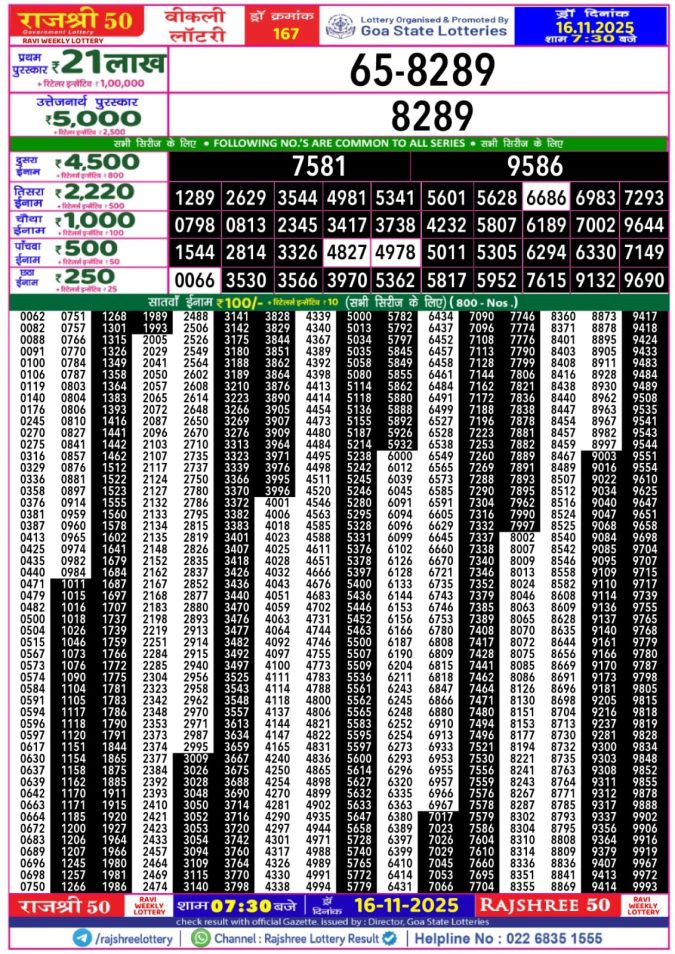 Rajshree 50 Lottery 7.30 PM Result Today | 16.11.25 Lottery Result Today November 16, 2025