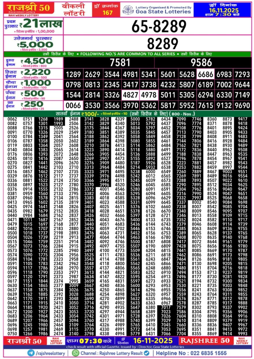 Lottery Result Today November 16, 2025