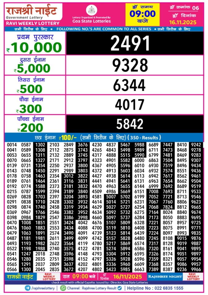 Lottery Result Today November 16, 2025
