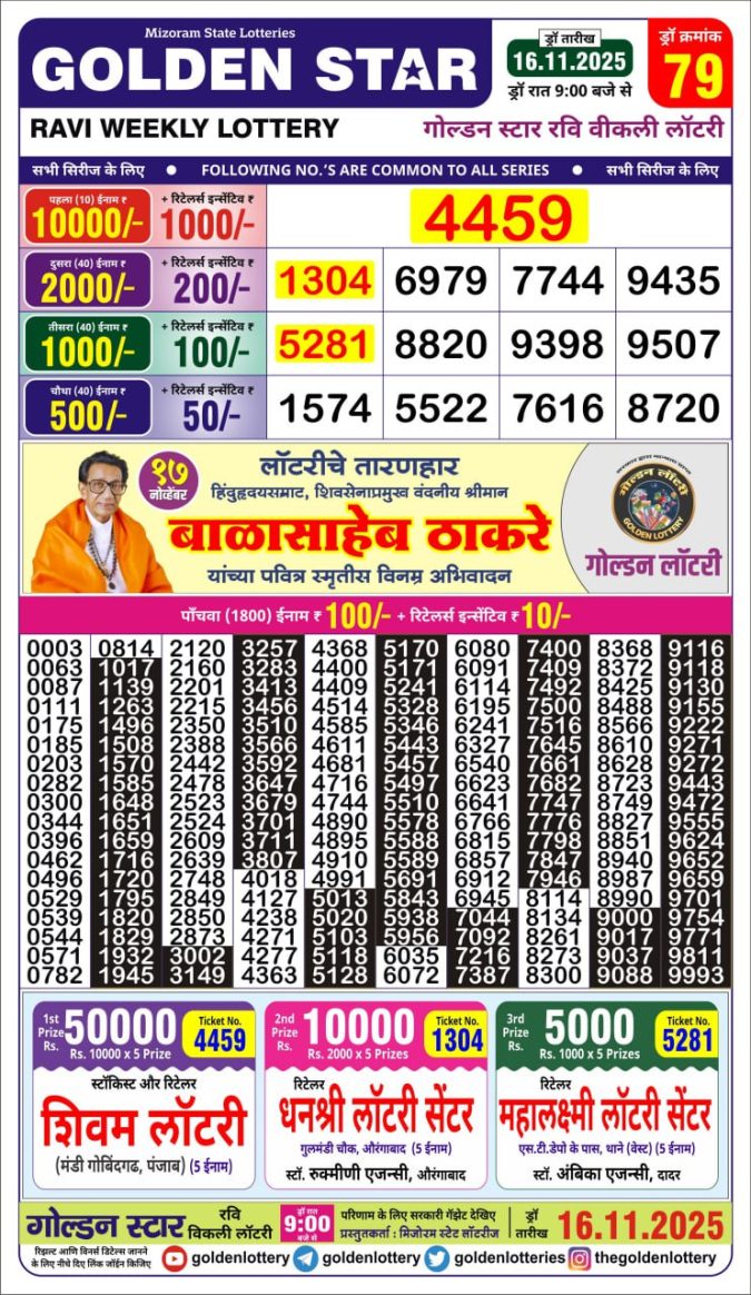 Golden Star 9 PM Lottery Result Today | 16.11.25 Lottery Result Today November 16, 2025