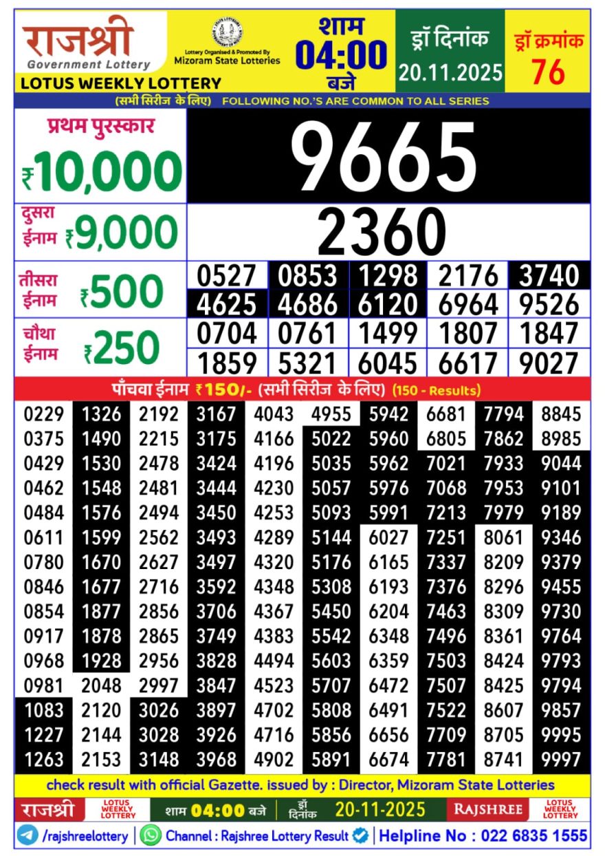 Lottery Result Today November 20, 2025