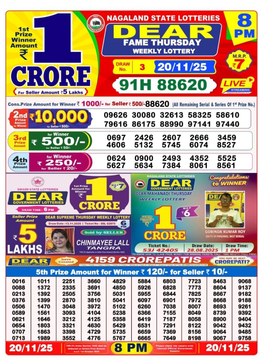 Lottery Result Today November 20, 2025