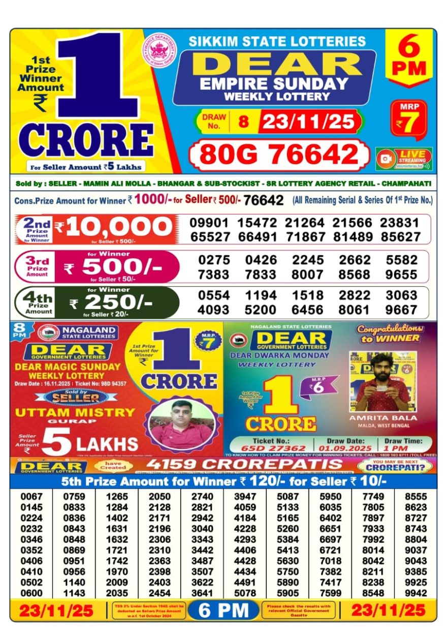 Lottery Result Today November 23, 2025