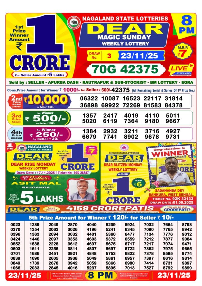 Dear Sambad 8 PM Result Today (Live) | 23.11.25 Lottery Result Today November 23, 2025