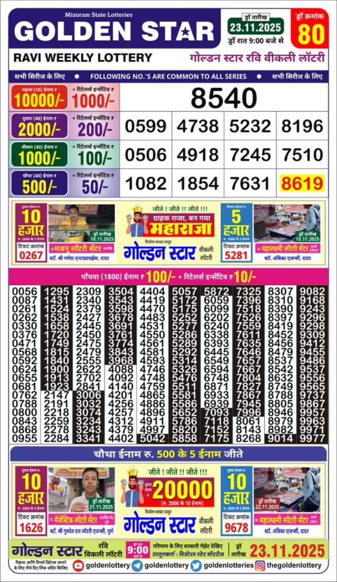 Golden Star 9 PM Lottery Result Today | 23.11.25 Lottery Result Today November 23, 2025