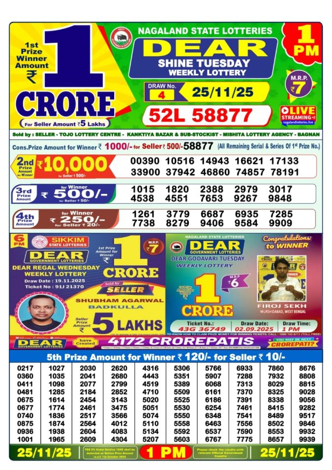 Dear Sambad 1 PM Result Today (Live) | 25.11.25 Lottery Result Today November 25, 2025