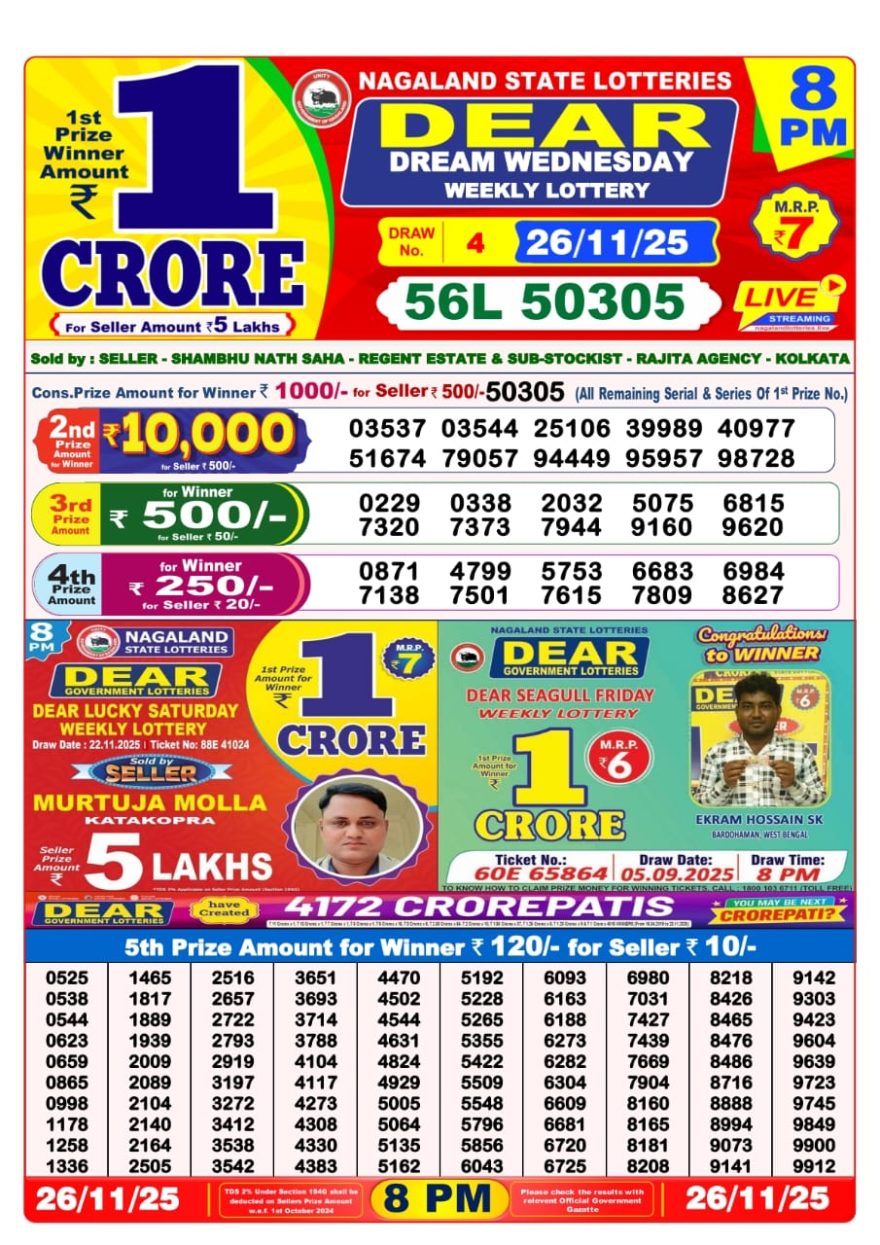 Lottery Result Today November 26, 2025