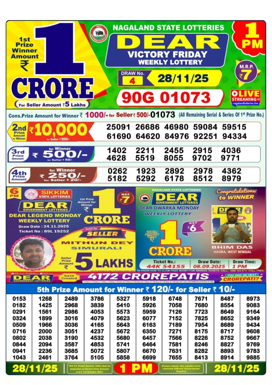 Lottery Result Today November 28, 2025