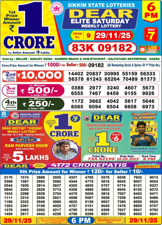 Lottery Result Today November 29, 2025