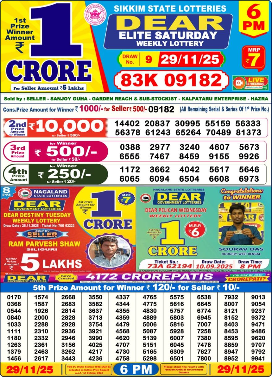 Lottery Result Today November 29, 2025