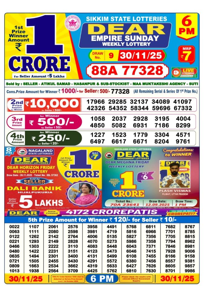 Lottery Result Today November 30, 2025