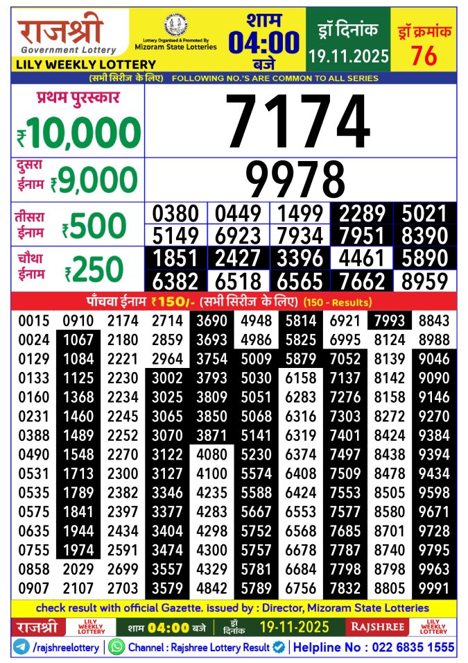 Rajshree Lottery 4 PM Result Today | 19.11.25 Lottery Result Today November 19, 2025