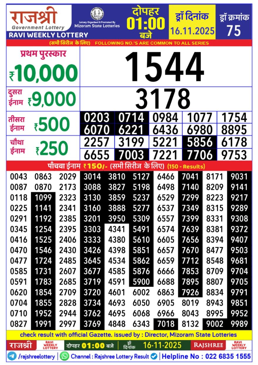 Lottery Result Today November 16, 2025