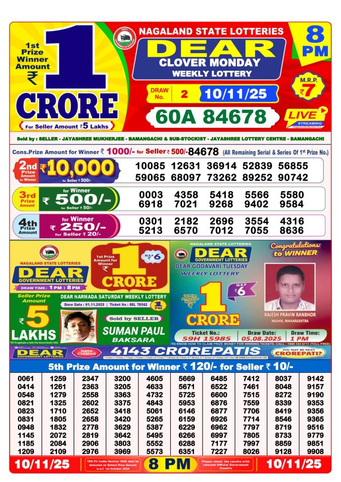 Dear Sambad 8 PM Result Today (Live) | 10.11.25 Lottery Result Today November 10, 2025