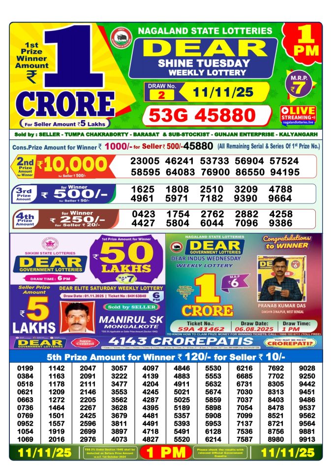 Dear Sambad 1 PM Result Today (Live) | 11.11.25 Lottery Result Today November 11, 2025
