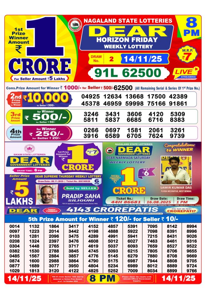 Dear Sambad 8 PM Result Today (Live) | 14.11.25 Lottery Result Today November 14, 2025