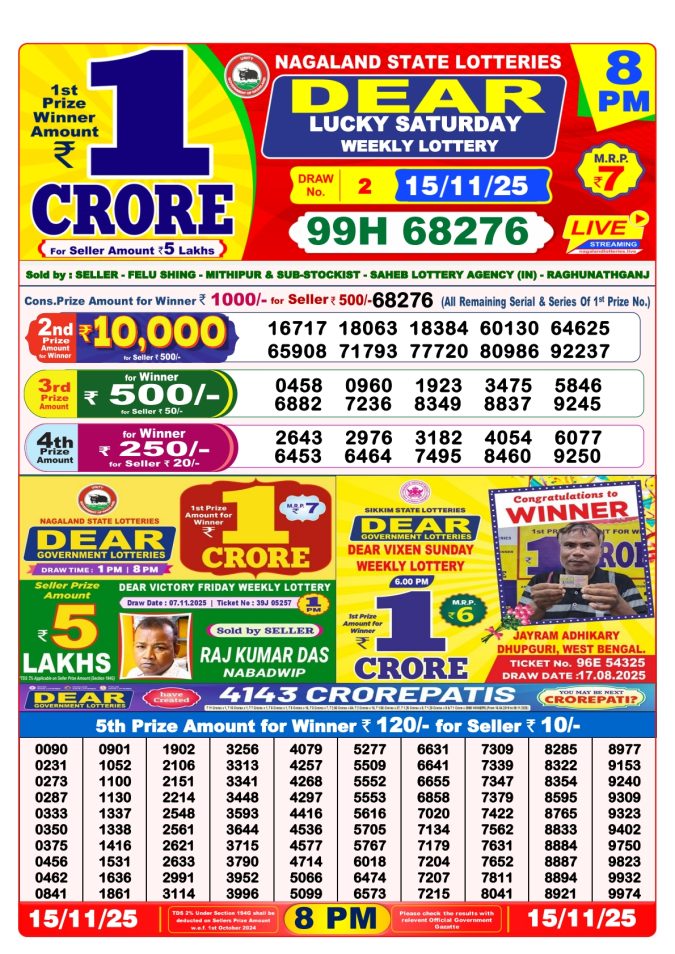 Dear Sambad 8 PM Result Today (Live) | 15.11.25 Lottery Result Today November 15, 2025