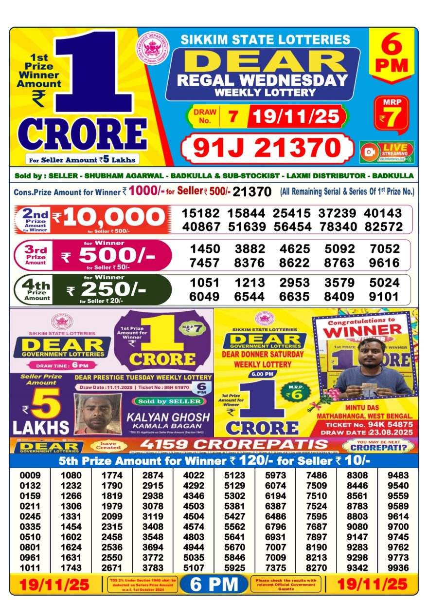 Lottery Result Today November 19, 2025