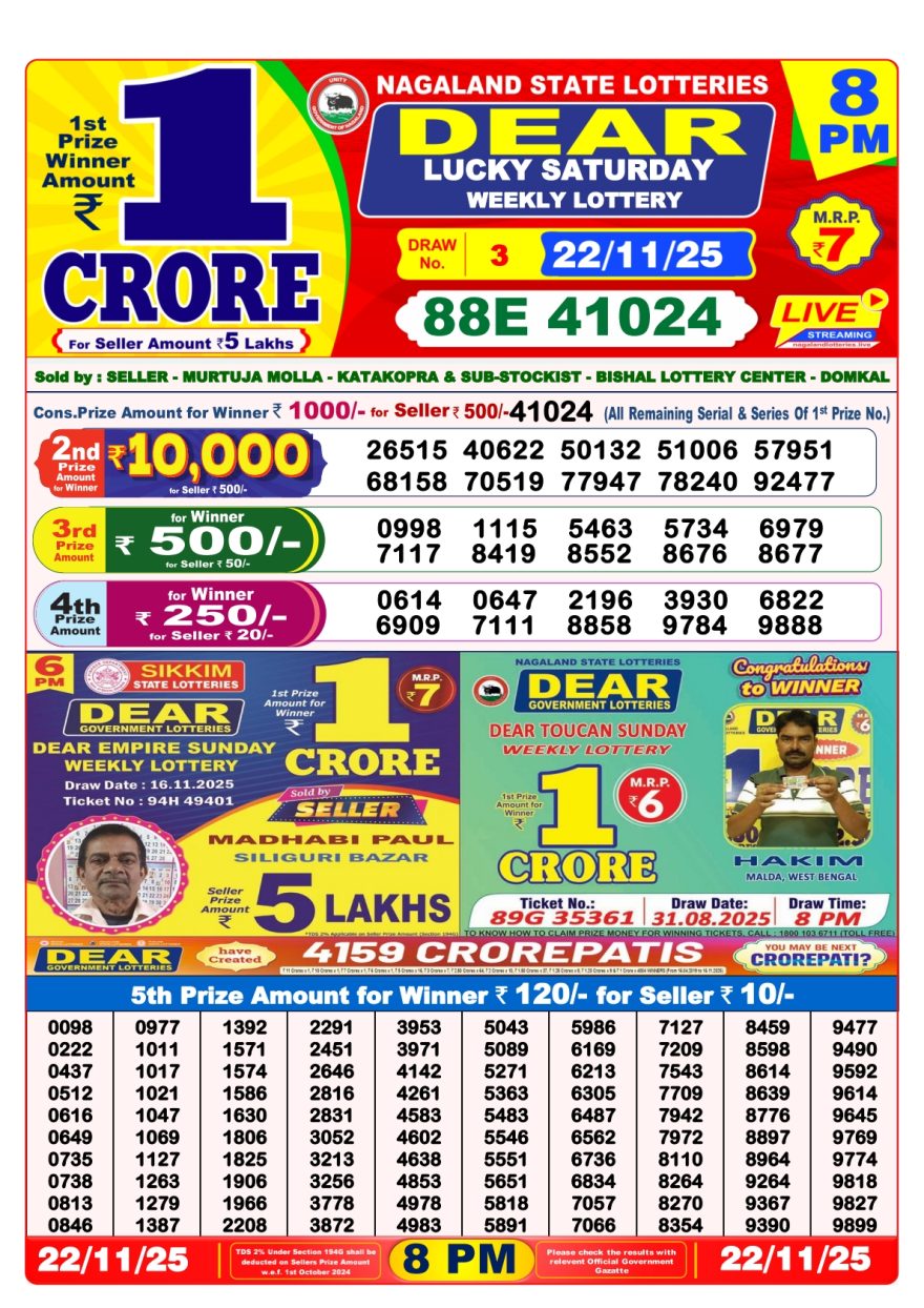 Lottery Result Today November 22, 2025