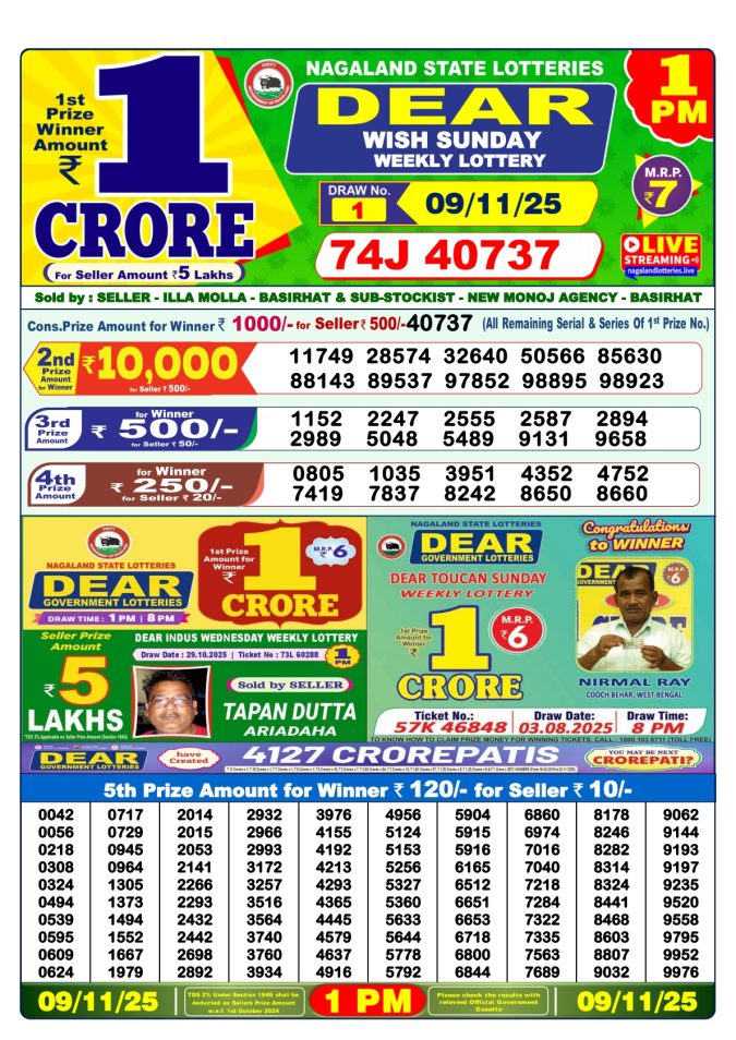 Dear Sambad 1 PM Result Today (Live) | 09.11.25 Lottery Result Today November 9, 2025
