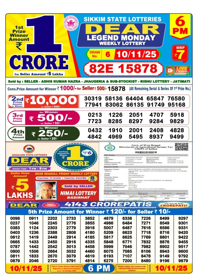Dear Sambad 6 PM Result Today (Live) | 10.11.25 Lottery Result Today November 10, 2025