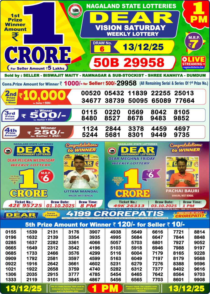 Lottery Result Today December 13, 2025