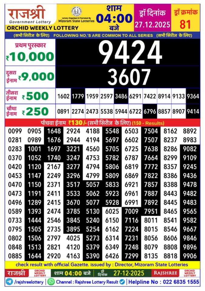 Lottery Result Today December 27, 2025
