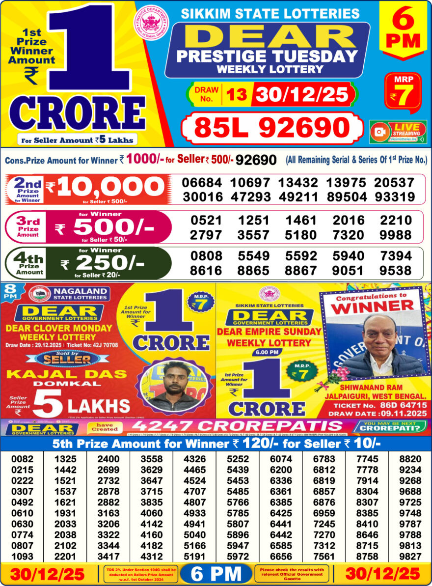 Lottery Result Today December 30, 2025