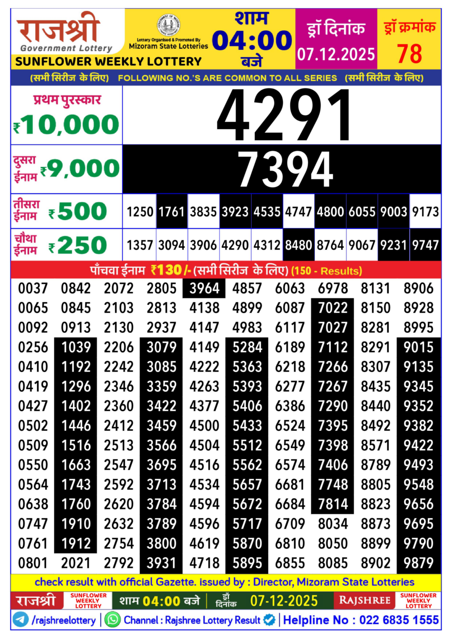 Lottery Result Today December 7, 2025
