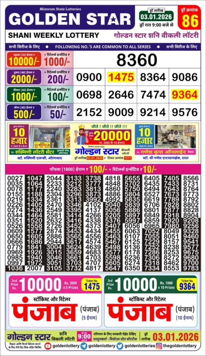 Golden Star Weekly 9 PM Result Today | 03.01.26 Lottery Result Today January 3, 2026