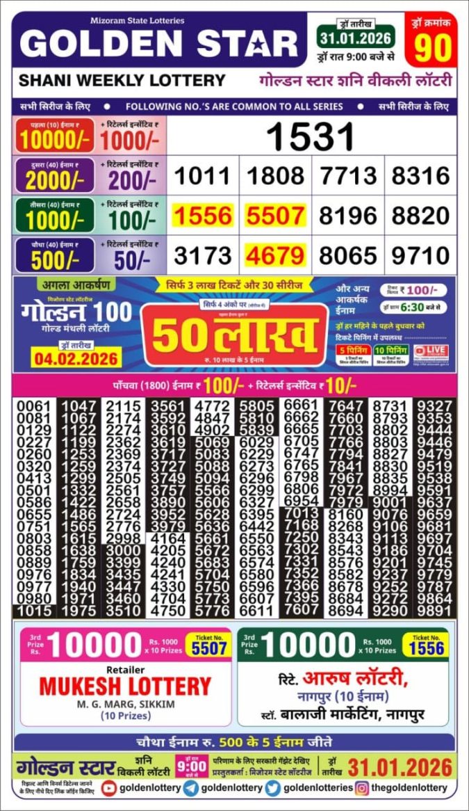 31.01.26 Golden Star Weekly 9 PM Result Today | Lottery Result Today January 31, 2026