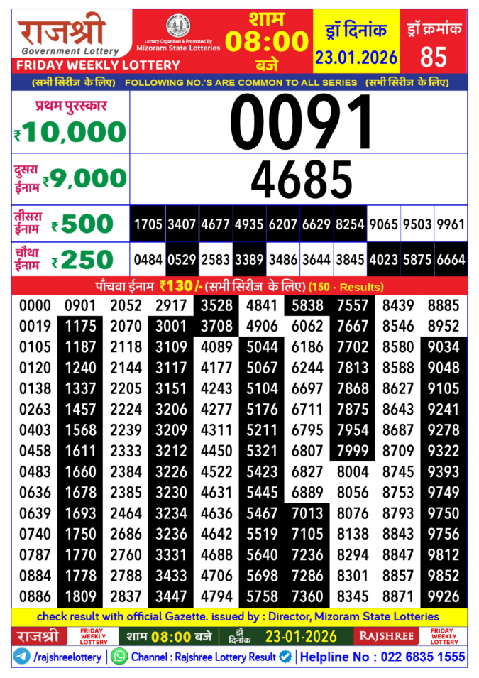 Lottery Result Today January 23, 2026