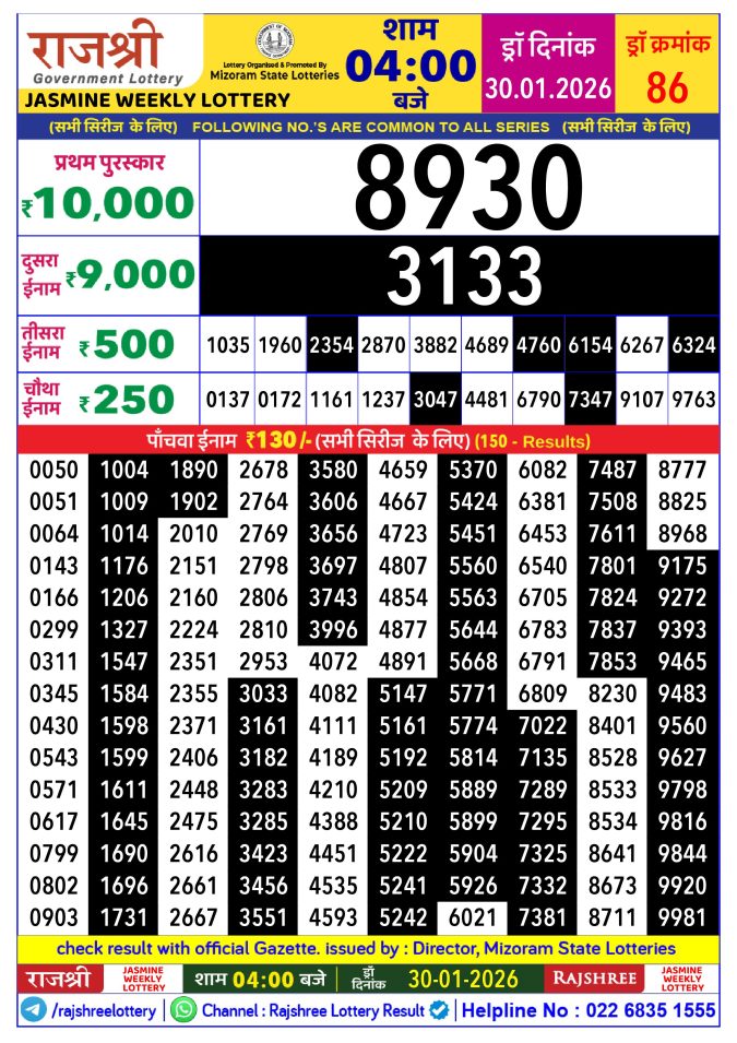Lottery Result Today January 30, 2026