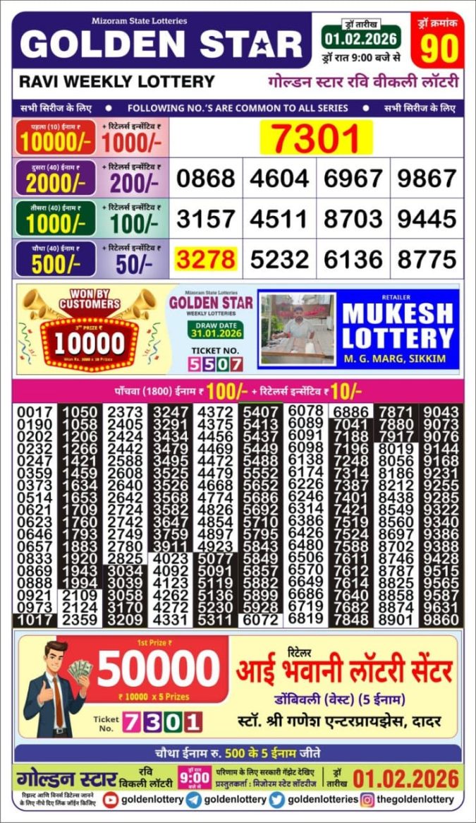 01.02.26 Golden Star Weekly 9 PM Result Today | Lottery Result Today February 1, 2026