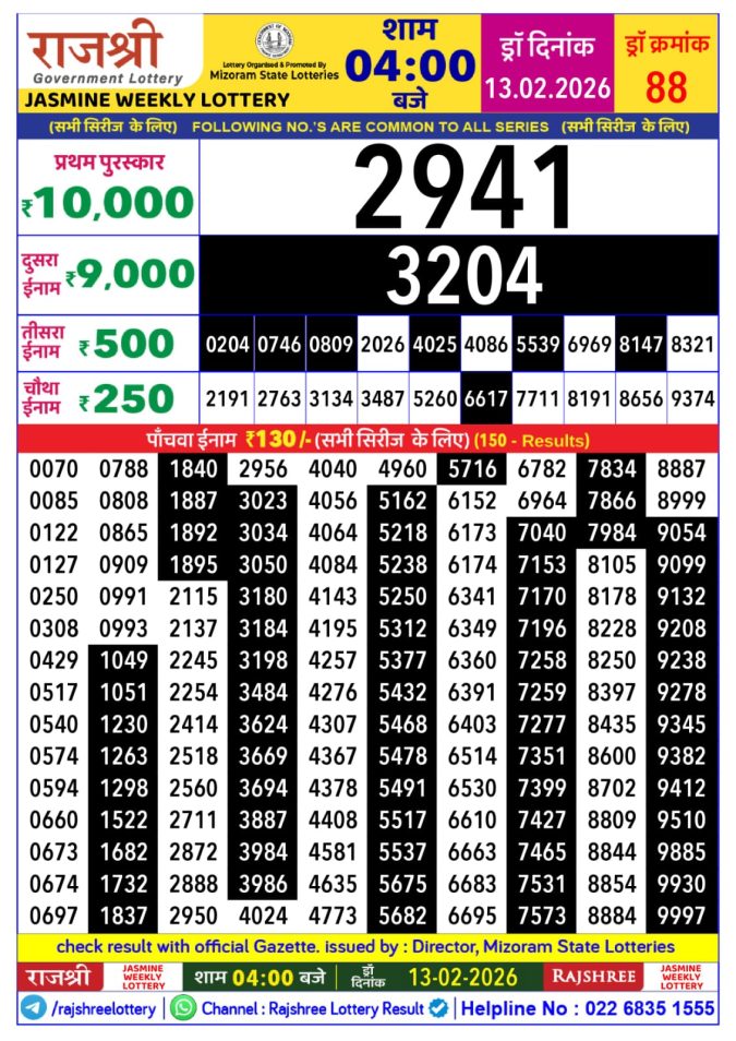 Lottery Result Today February 13, 2026