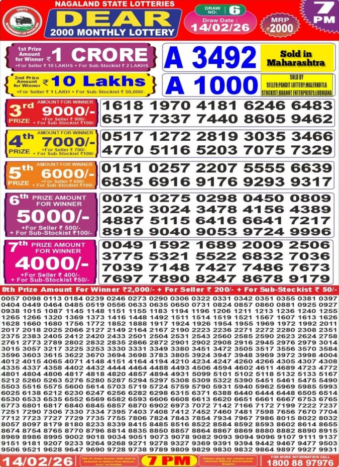 Lottery Result Today February 14, 2026