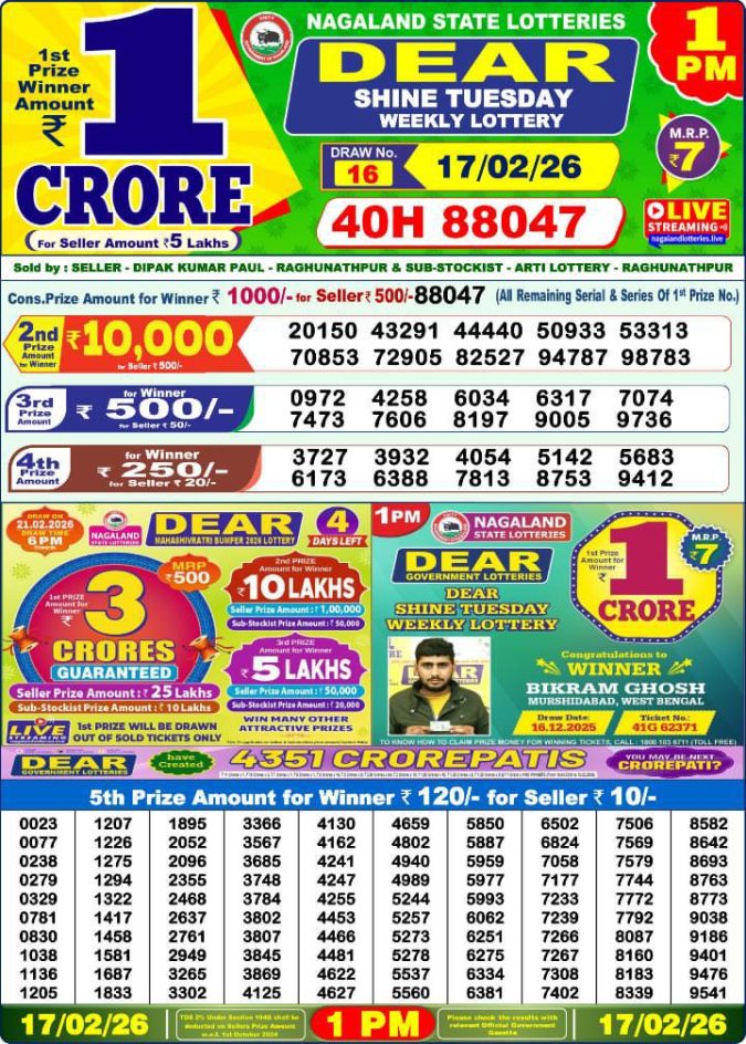 17.02.26 Lottery Sambad 1 PM Result | Dhankesari Lottery Result Today February 17, 2026