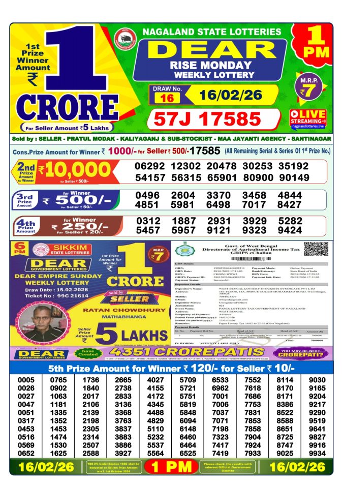 Lottery Result Today February 16, 2026