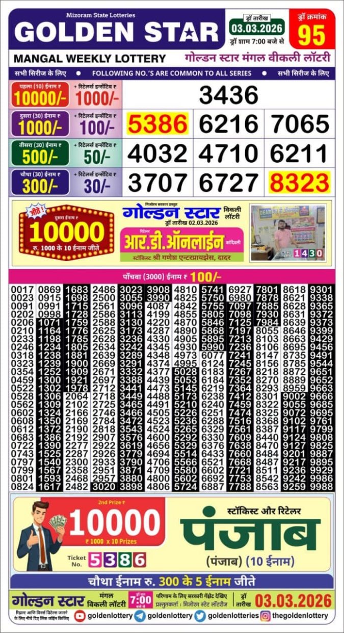 03.03.26 Golden Star Weekly 7 PM Result Today | Lottery Result Today March 3, 2026