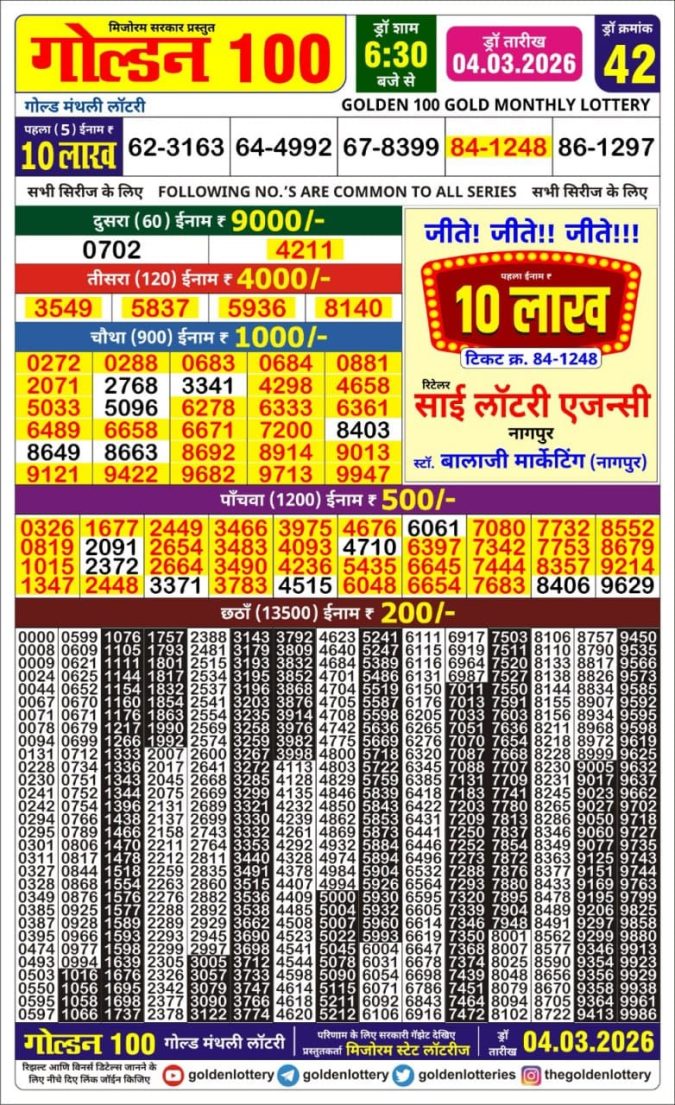 04.03.26 Golden 100 Monthly Lottery Result Lottery Result Today March 4, 2026