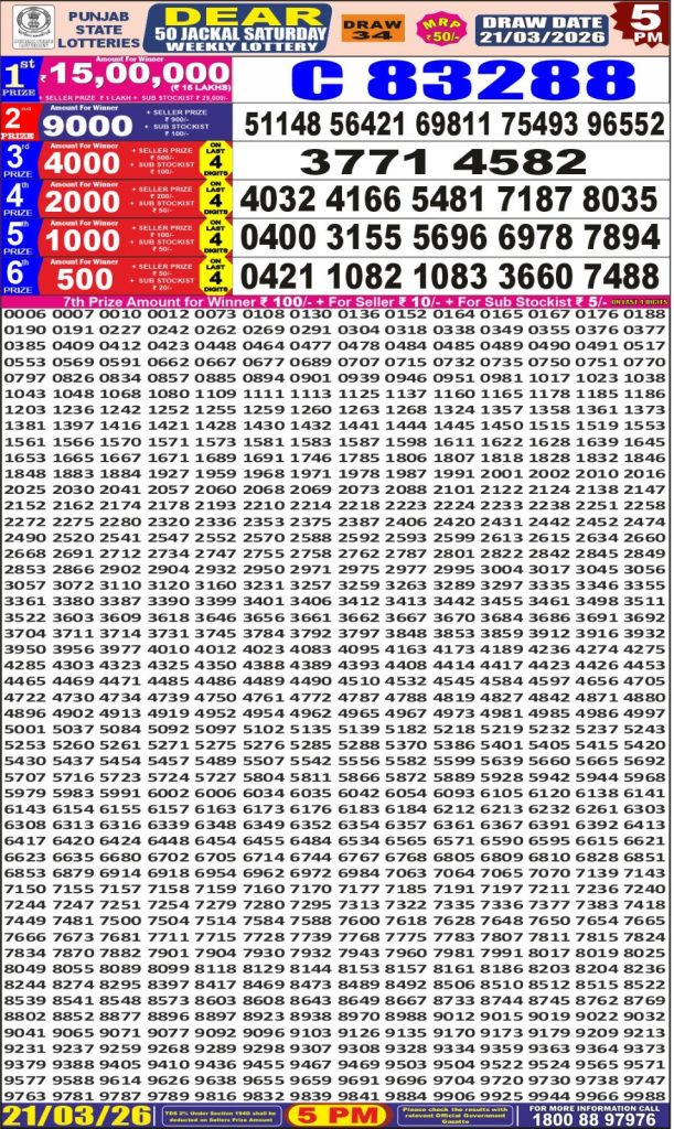 21.03.26 Punjab State Lotteries Dear 50 5 PM Result Lottery Result Today 21.03.26