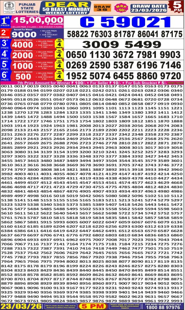 23.03.26 Punjab State Lotteries Dear 50 5 PM Result Lottery Result Today 23.03.26