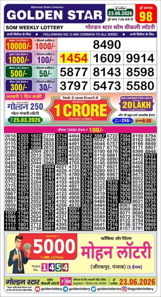23.03.26 Golden Star Weekly 7 PM Result Today Lottery Result Today 23.03.26