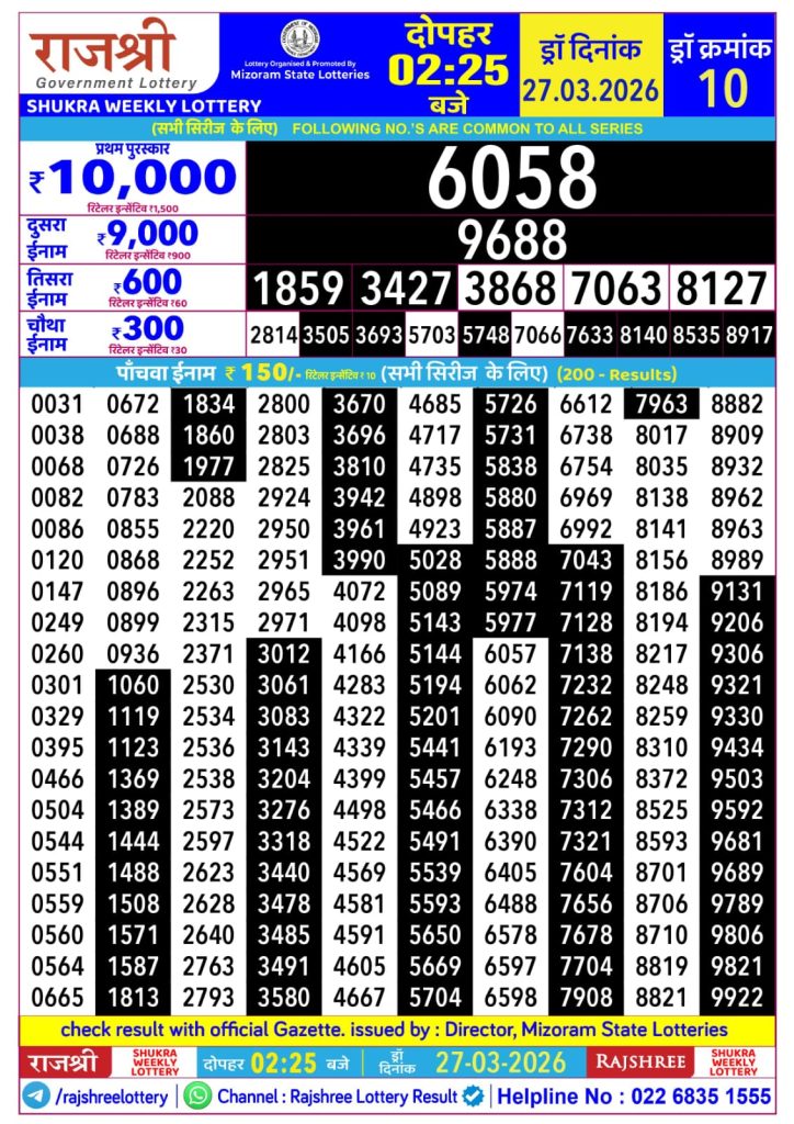 27.03.26 Rajshree Lottery 2.25 PM Result Lottery Result Today 27.03.26