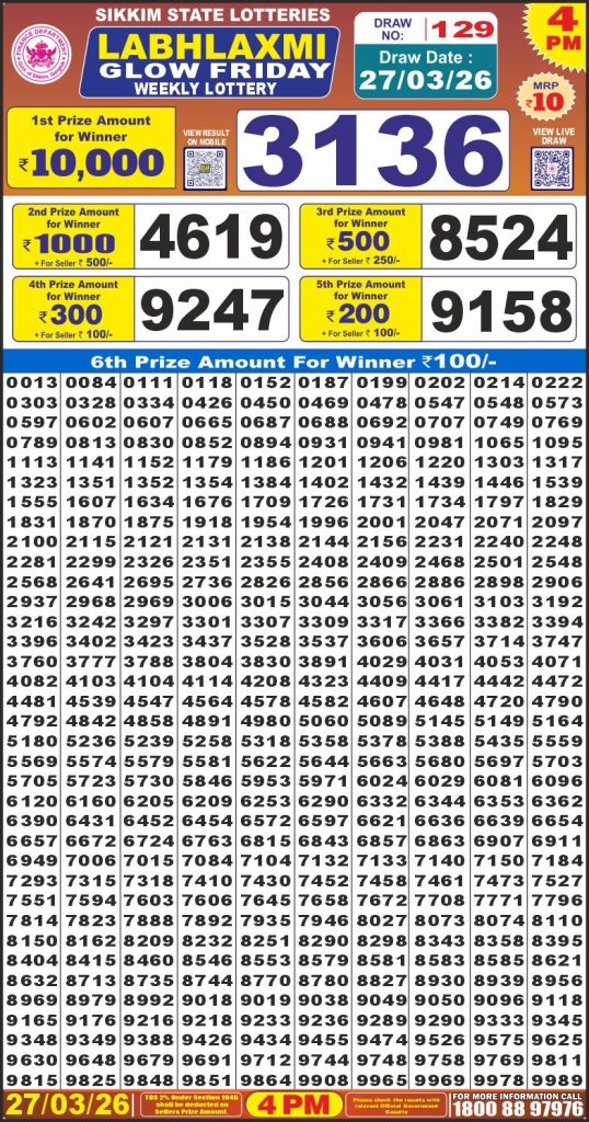 27.03.26 Labh Laxmi 4 PM Lottery Lottery Result Today 27.03.26