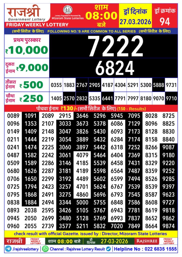 27.03.26 Rajshree Lottery 8 PM Result Today Lottery Result Today 27.03.26