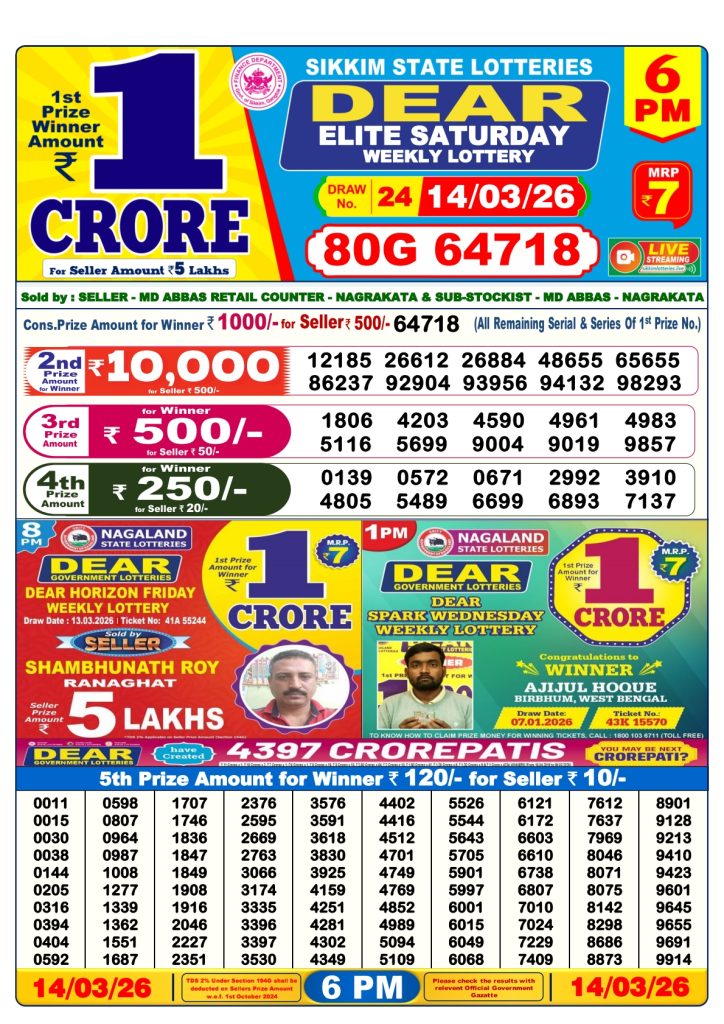Lottery Result Today 14.03.26