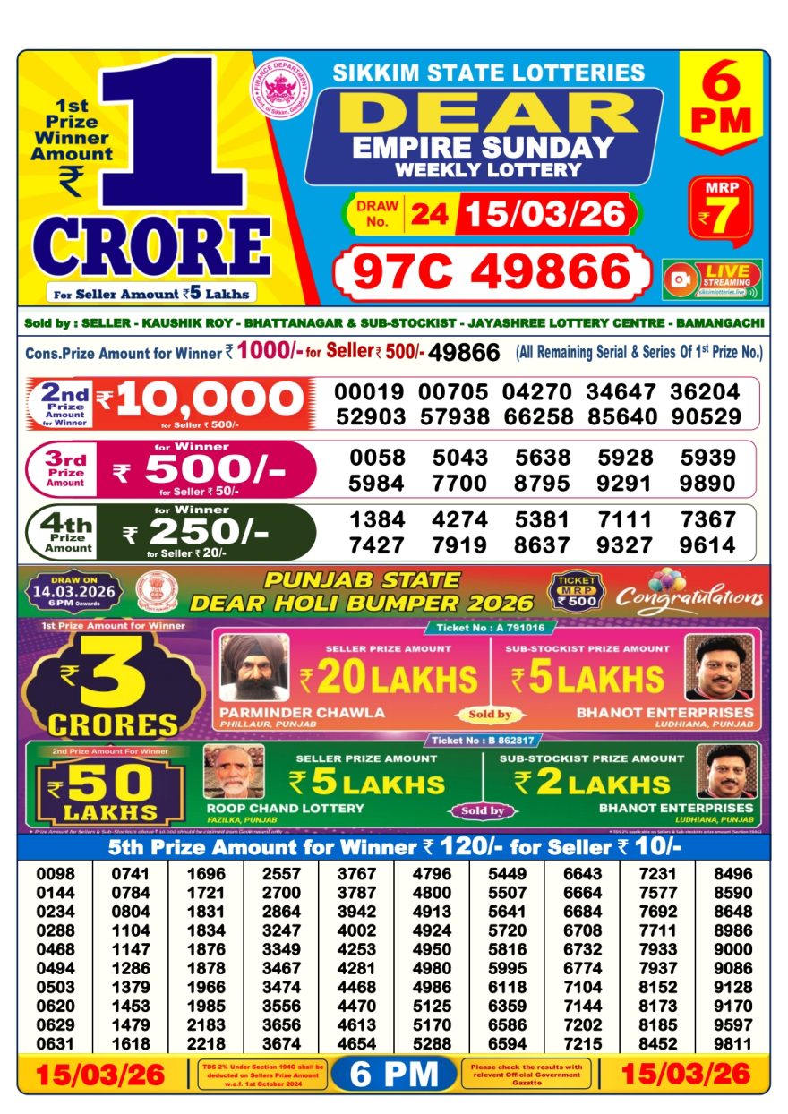 Lottery Result Today 15.03.26