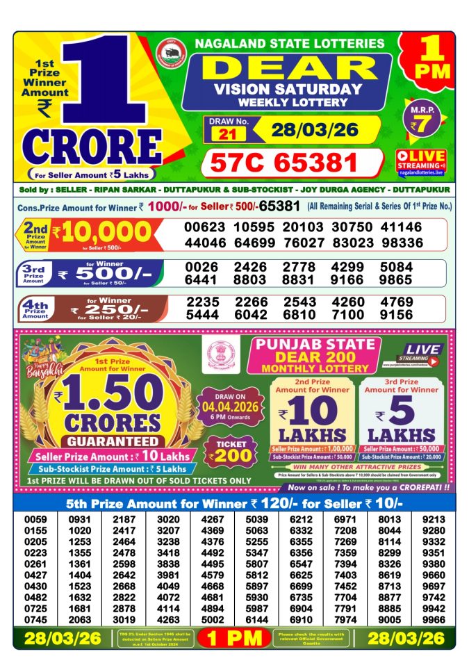 Lottery Result Today 28.03.26